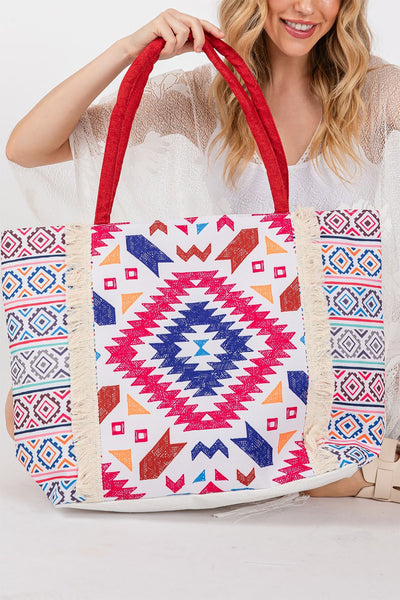 BOHO PRINT FRINGE TOTE BAG