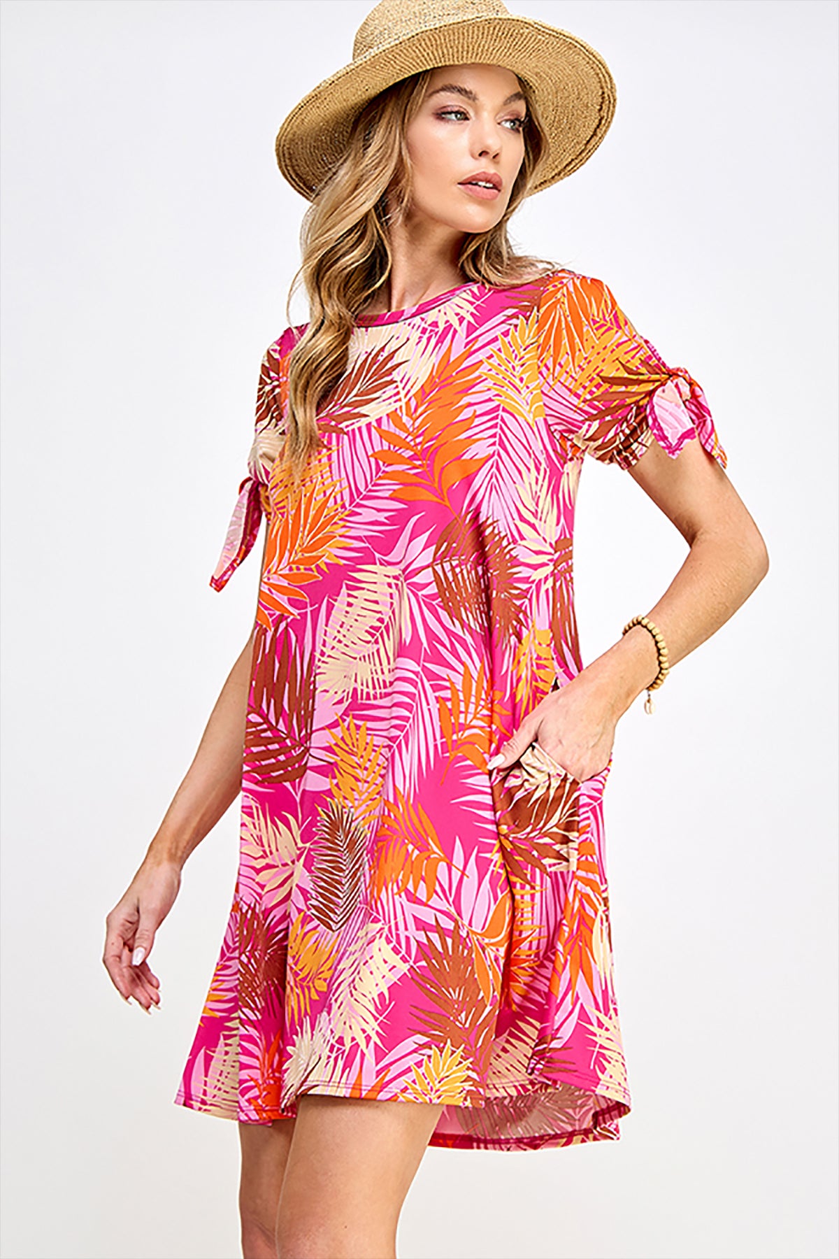 TIED SPLIT SLEEVE MULTI COLORED LEAVES PRINT DRESS 2-2-2