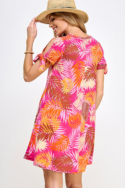 TIED SPLIT SLEEVE MULTI COLORED LEAVES PRINT DRESS 2-2-2