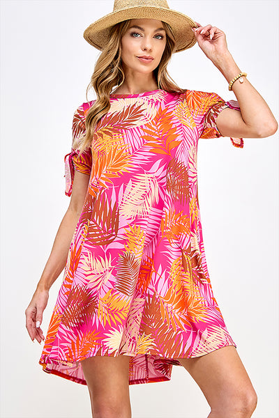 TIED SPLIT SLEEVE MULTI COLORED LEAVES PRINT DRESS 2-2-2