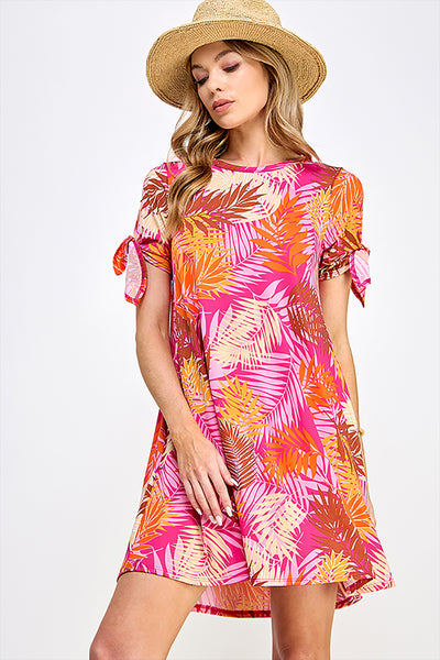 TIED SPLIT SLEEVE MULTI COLORED LEAVES PRINT DRESS 2-2-2