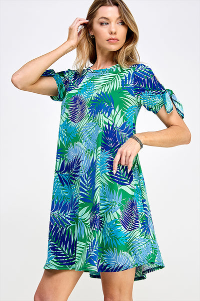 TIED SPLIT SLEEVE MULTI COLORED LEAVES PRINT DRESS 2-2-2