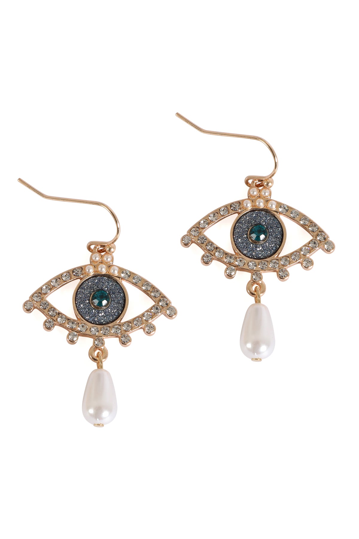 EVIL EYE PAVE SAND STICKER PEARL HOOK EARRINGS-