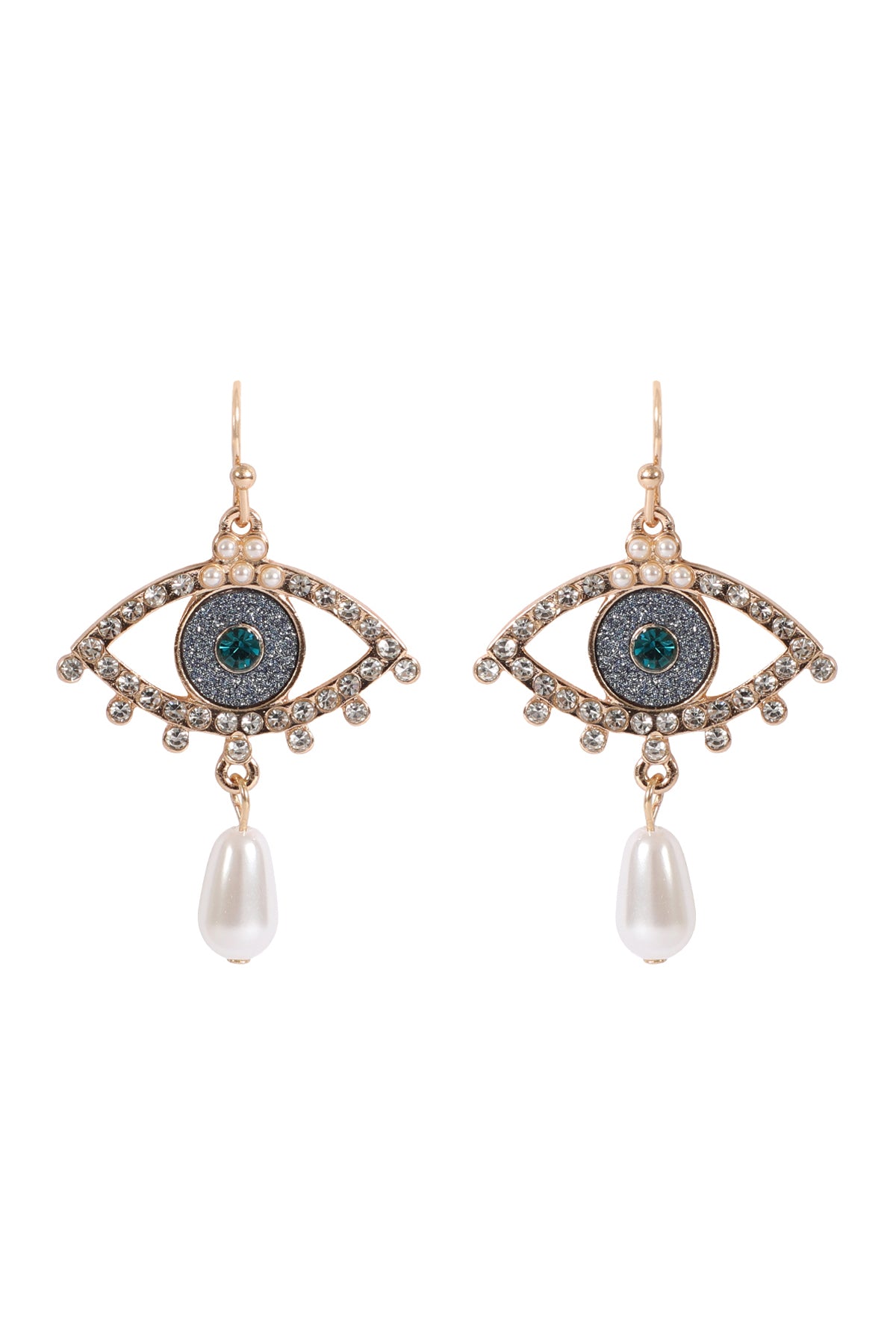 EVIL EYE PAVE SAND STICKER PEARL HOOK EARRINGS-