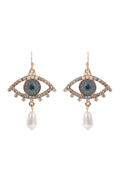 EVIL EYE PAVE SAND STICKER PEARL HOOK EARRINGS-