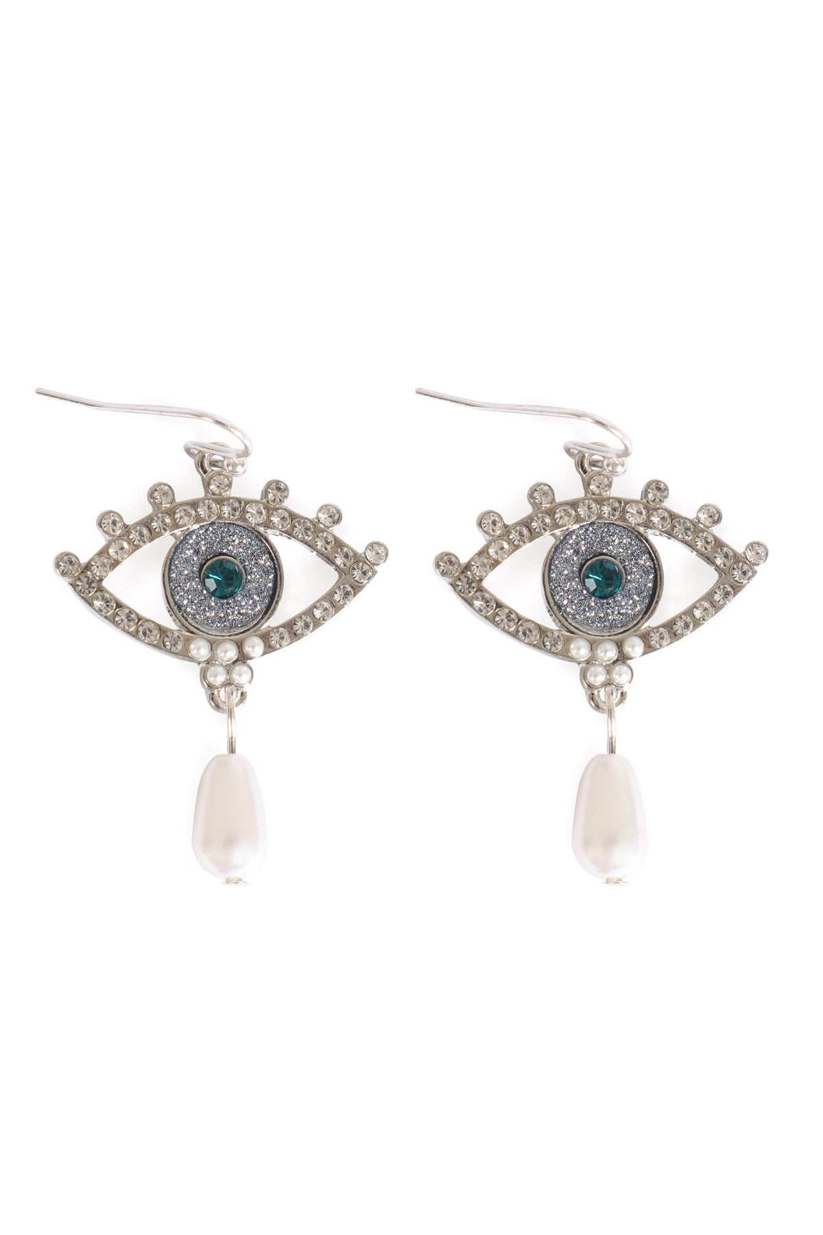 EVIL EYE PAVE SAND STICKER PEARL HOOK EARRINGS-