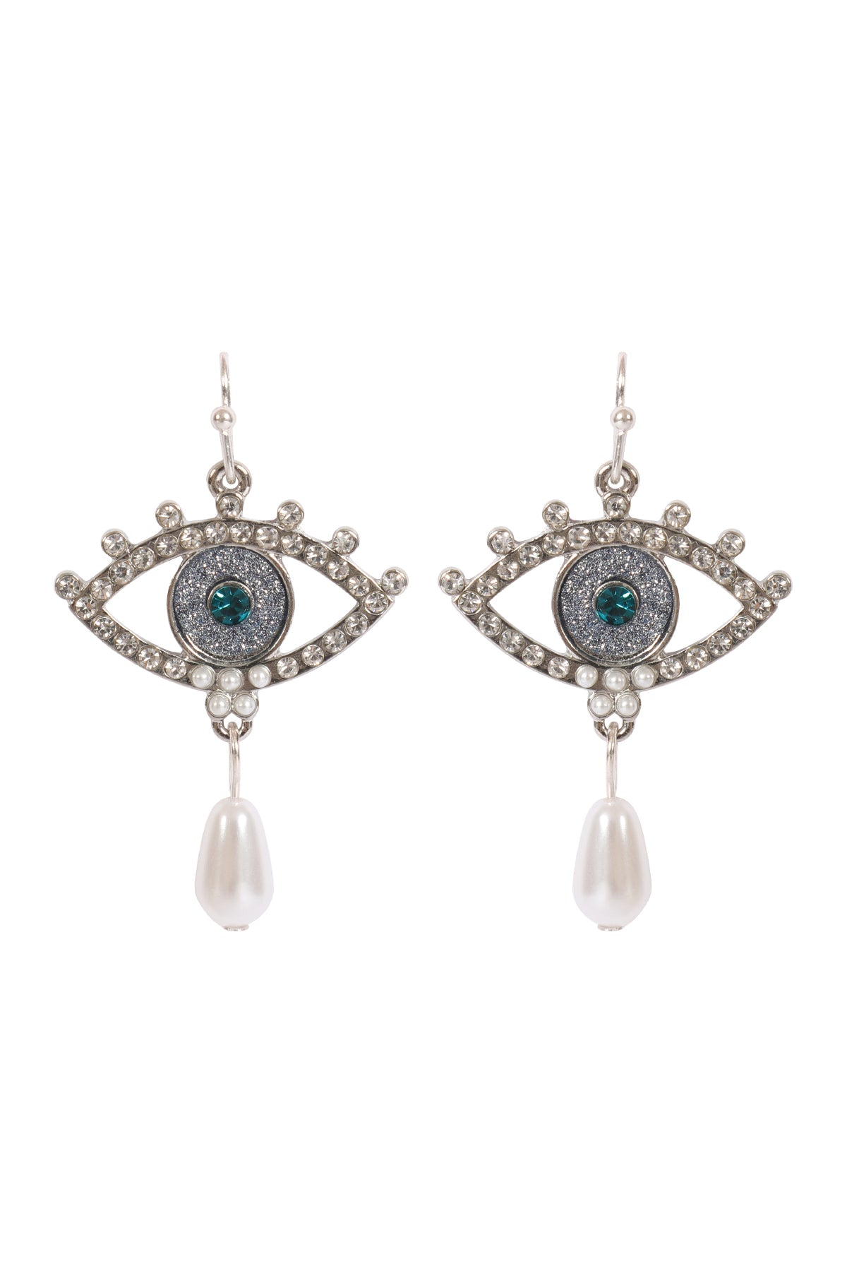 EVIL EYE PAVE SAND STICKER PEARL HOOK EARRINGS-