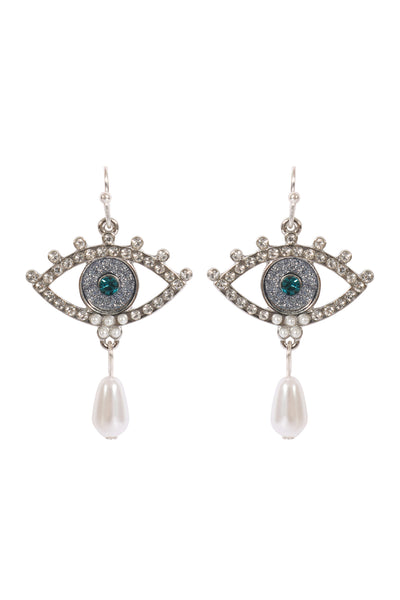 EVIL EYE PAVE SAND STICKER PEARL HOOK EARRINGS-