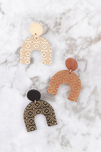 ARCH WOOD LEATHER PRINTED EARRINGS