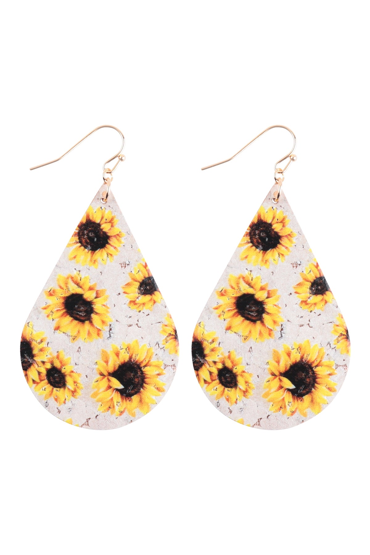 SUNFLOWER PRINTED CORK TEARDROP FISH HOOK EARRING