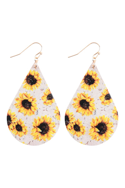 SUNFLOWER PRINTED CORK TEARDROP FISH HOOK EARRING
