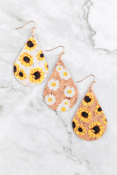 SUNFLOWER PRINTED CORK TEARDROP FISH HOOK EARRING