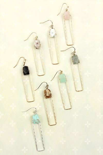 SEMI STONE LINKED TEXTURE WIRE DROP EARRINGS