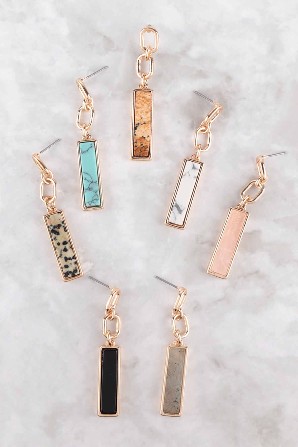 NATURAL STONE DROP CHAIN BAR EARRINGS