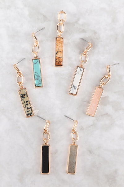 NATURAL STONE DROP CHAIN BAR EARRINGS