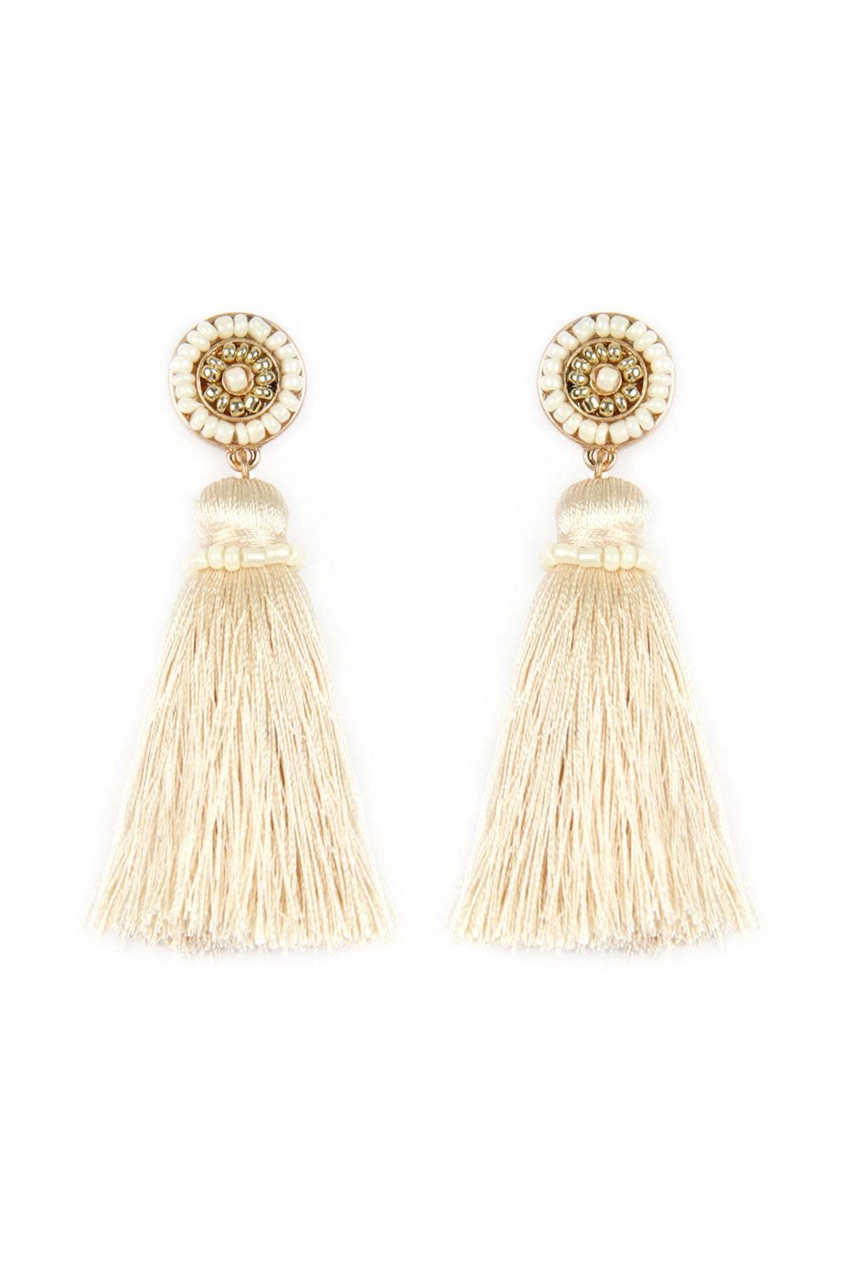 CIRCLED SEED BEADS AND TASSEL EARRINGS
