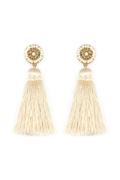 CIRCLED SEED BEADS AND TASSEL EARRINGS