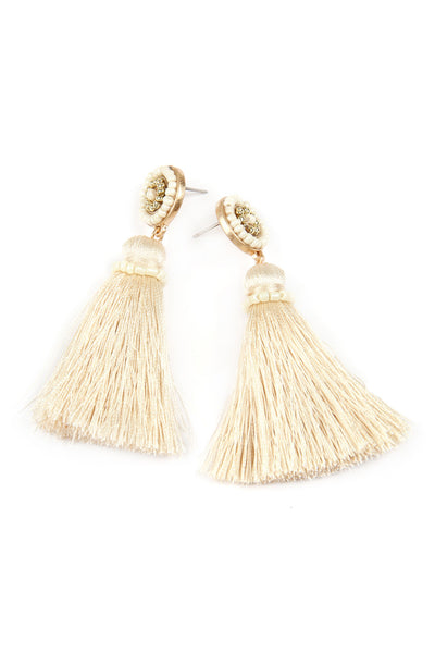 CIRCLED SEED BEADS AND TASSEL EARRINGS