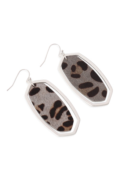 GREY LEOPARD OVAL CAST W/ GENUINE LEATHER EARRINGS