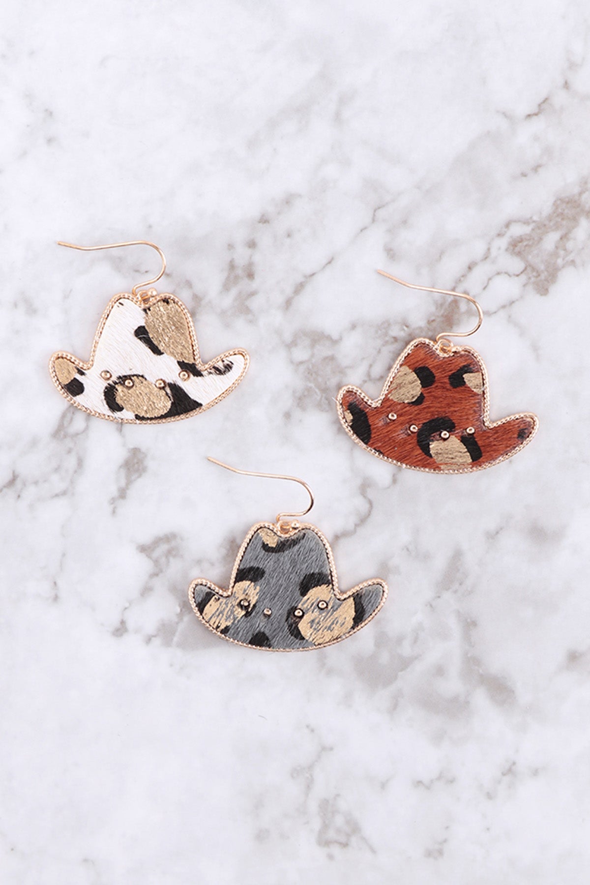 COWBOY HAT GOLD PAINT LEOPARD LEATHER EARRINGS