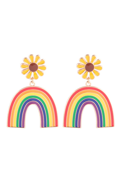 RAINBOW W/ FLOWER ENAMEL POST DANGLE EARRINGS