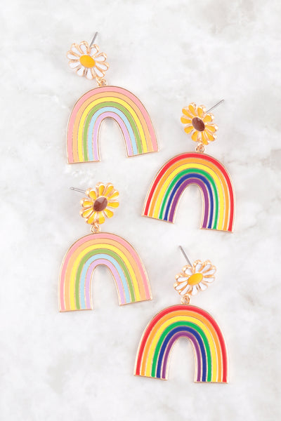 RAINBOW W/ FLOWER ENAMEL POST DANGLE EARRINGS