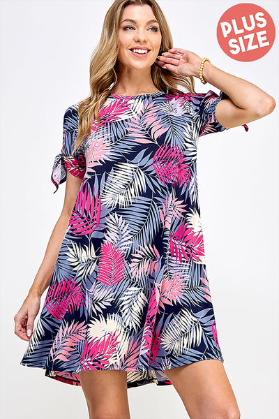 PLUS SIZE TIED SPLIT SLEEVE MULTI COLORED LEAVES PRINT DRESS 2-2-2