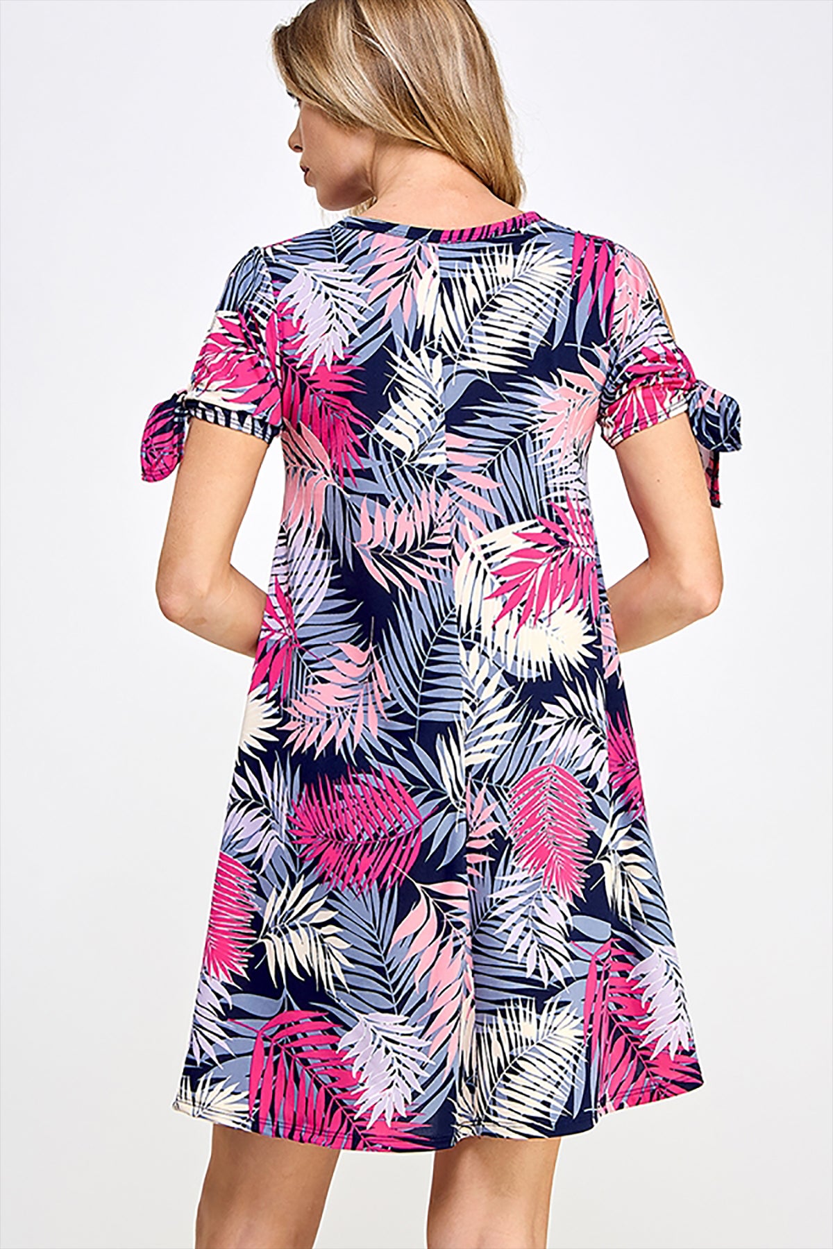 PLUS SIZE TIED SPLIT SLEEVE MULTI COLORED LEAVES PRINT DRESS 2-2-2