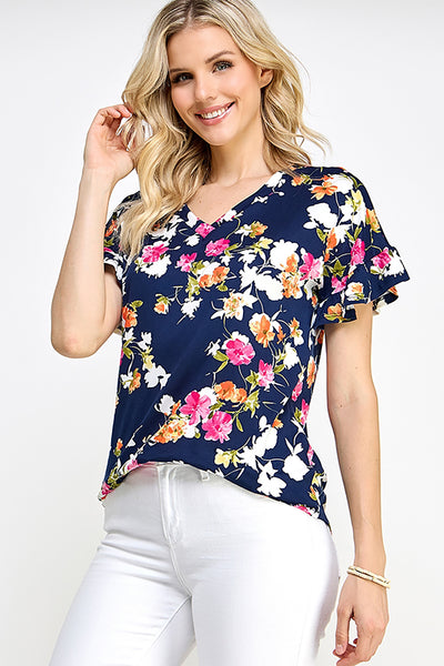 RELAX FIT RUFFLE SLEEVE V NECK FLORAL KNIT TOP 2-2-2-2