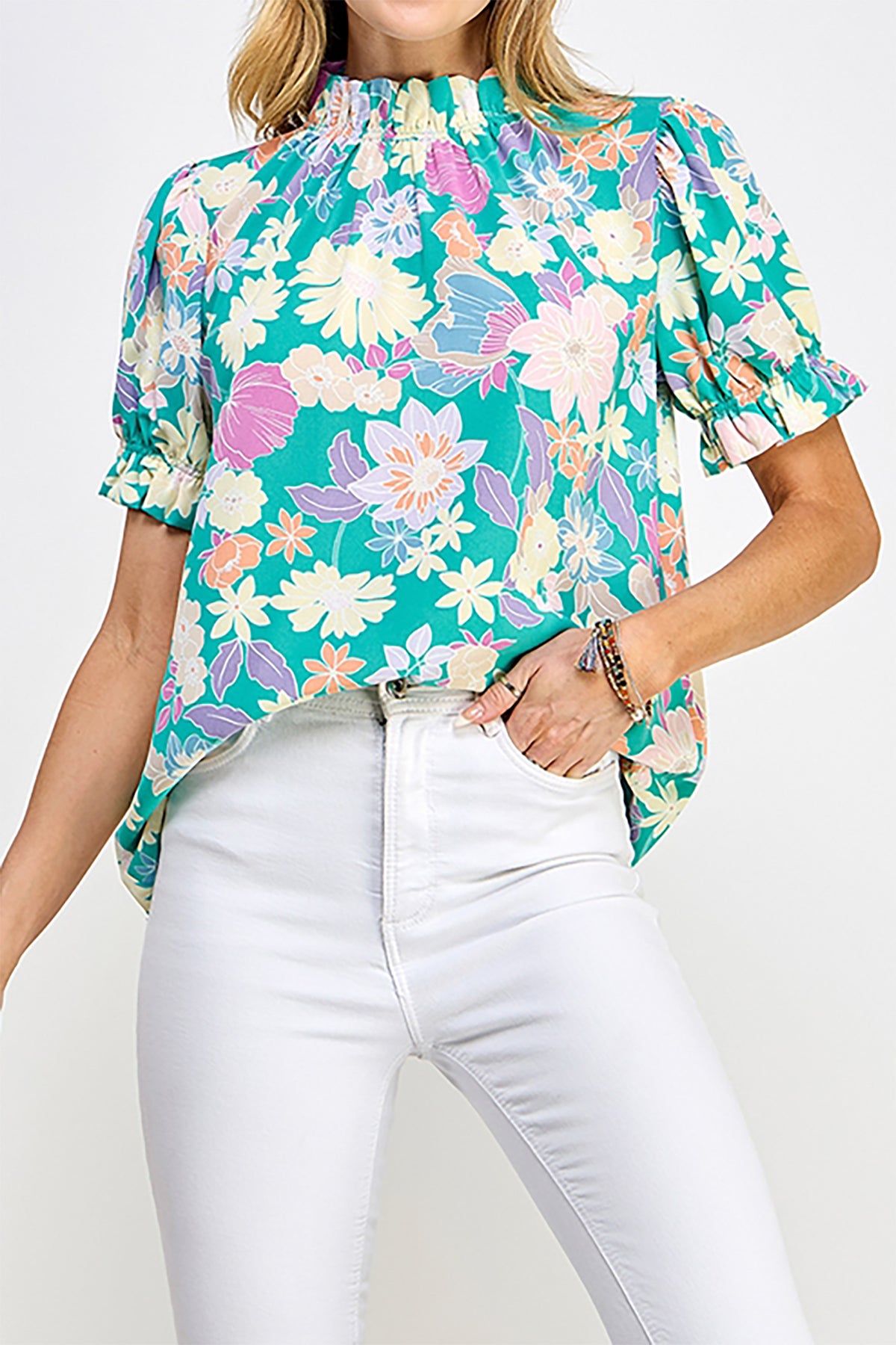 RUFFLED MOCK NECK PUFF SLEEVE FLORAL BLOUSE- 2-2-2-2