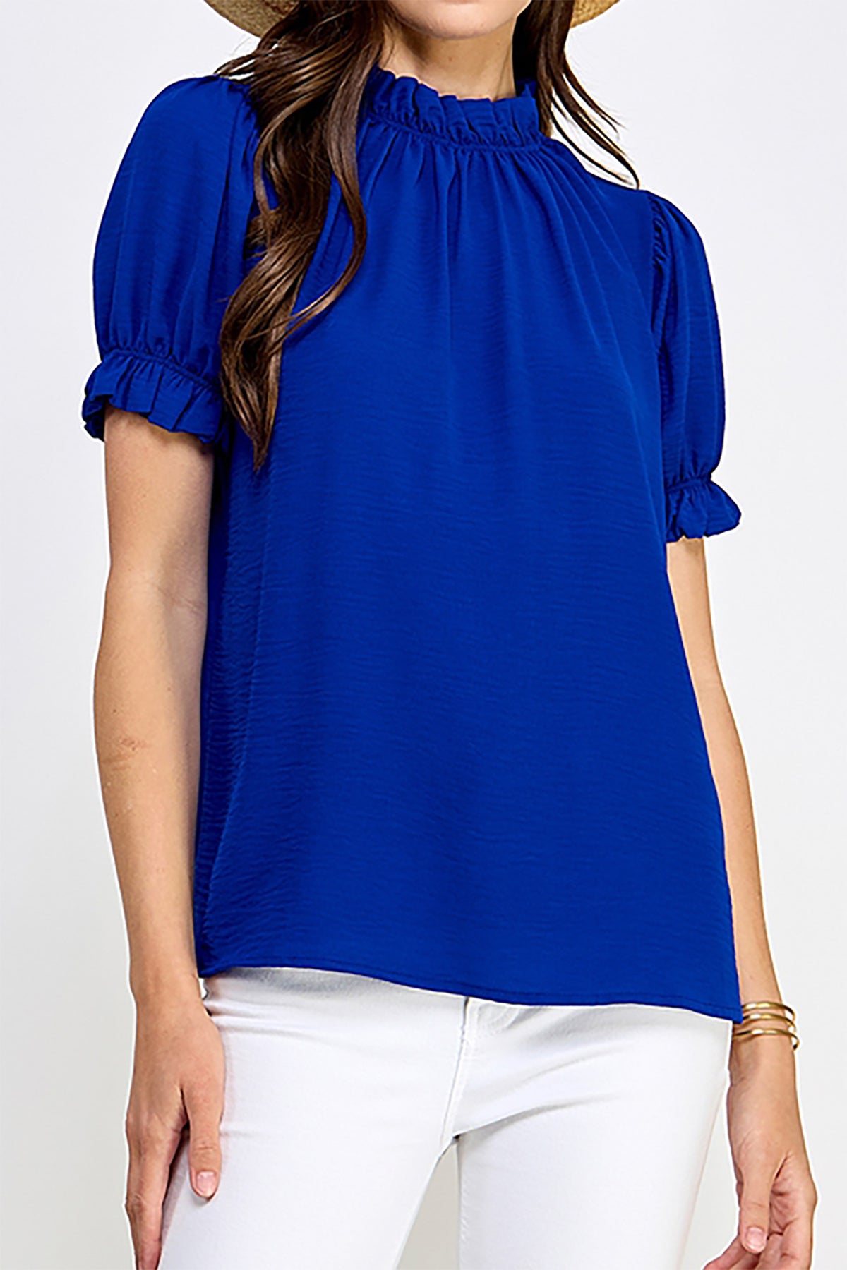 MOCK NECK PUFF SLEEVE WOVEN SOLID BLOUSE 2-2-2-2