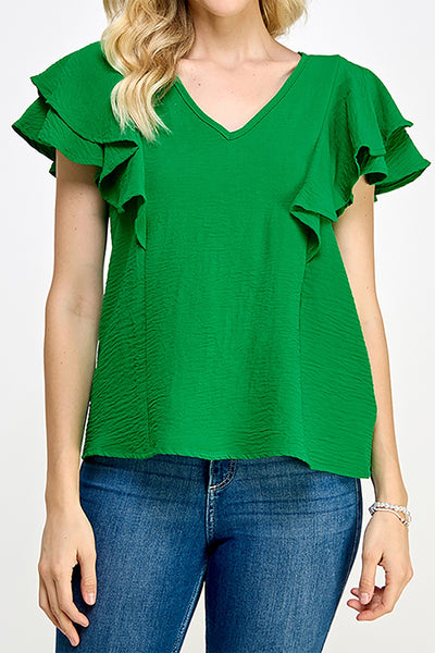 FLUTTER SLEEVE RUFFLE DETAIL V NECK WOVEN TOP 2-2-2-2