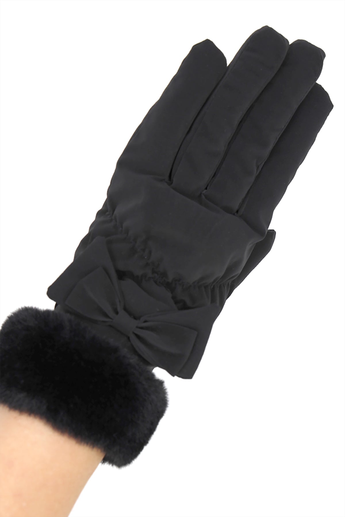 BOW AND FAUX FUR CUFF FLEECE SMART TOUCH GLOVES