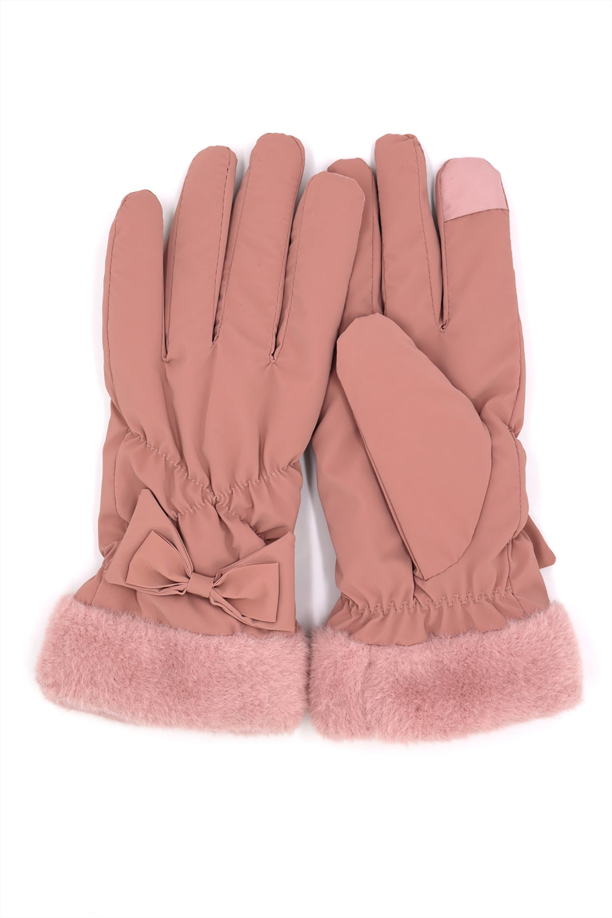 BOW AND FAUX FUR CUFF FLEECE SMART TOUCH GLOVES