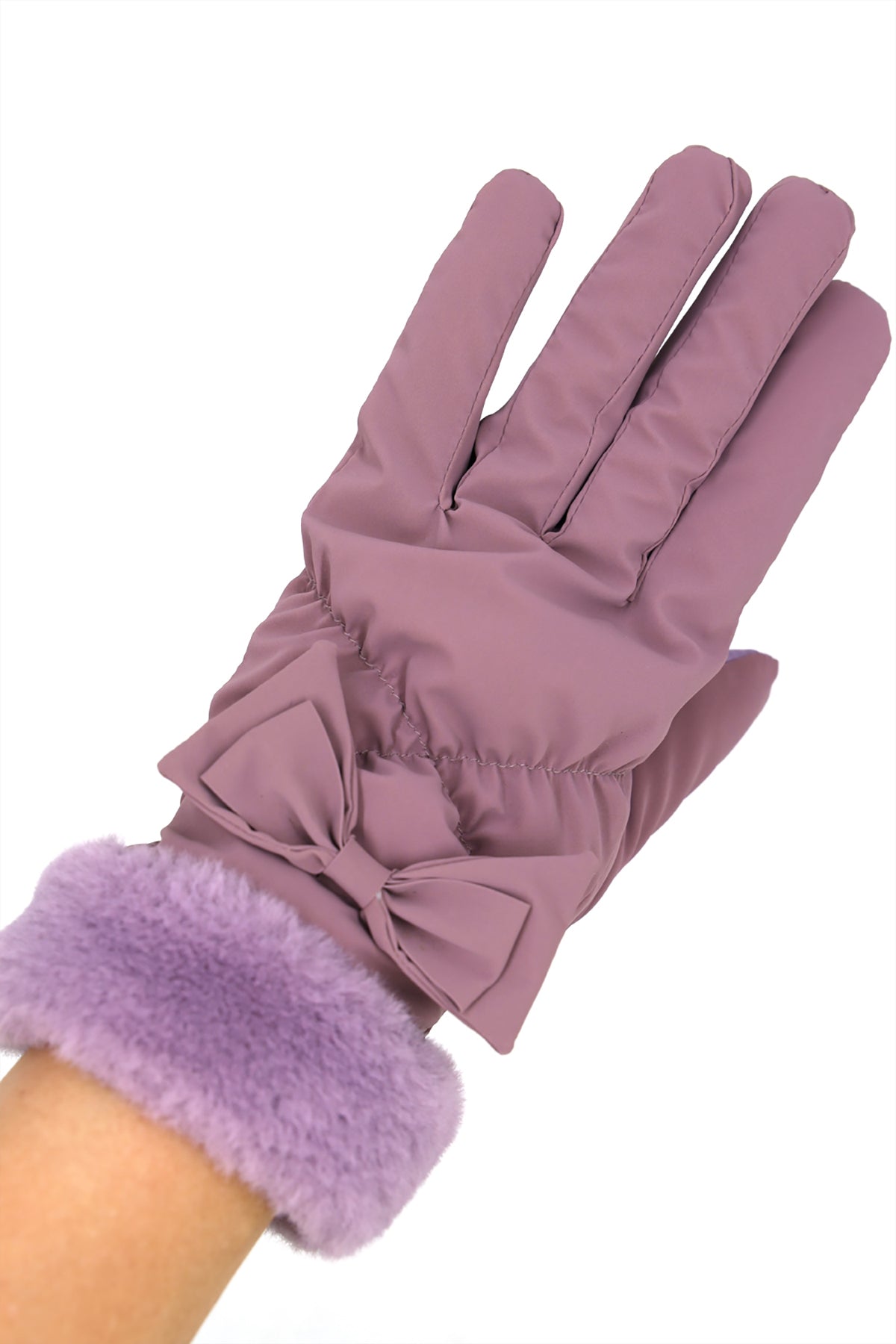 BOW AND FAUX FUR CUFF FLEECE SMART TOUCH GLOVES