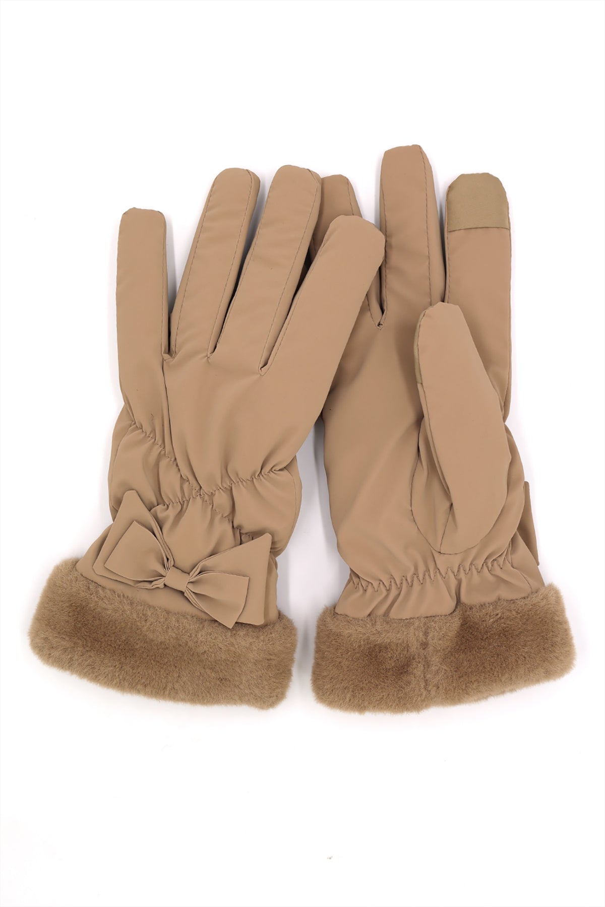 BOW AND FAUX FUR CUFF FLEECE SMART TOUCH GLOVES