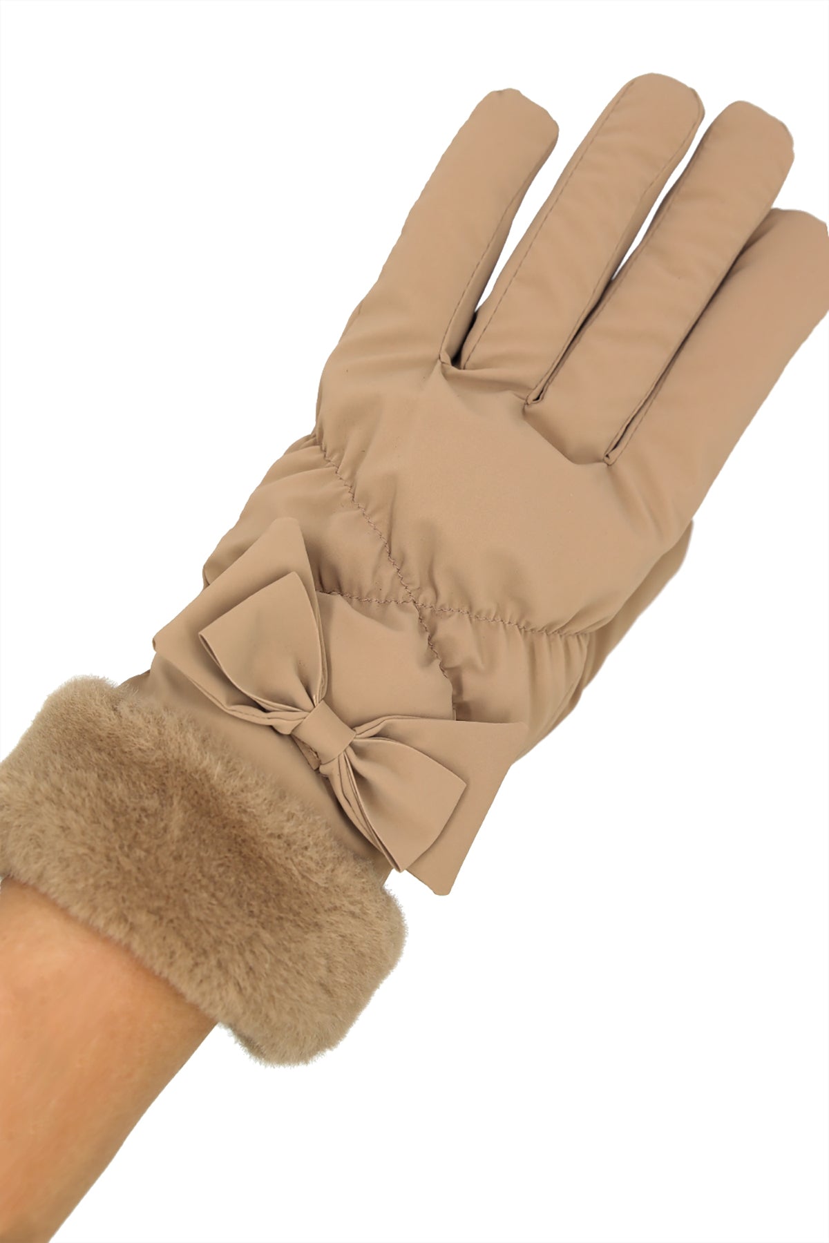 BOW AND FAUX FUR CUFF FLEECE SMART TOUCH GLOVES