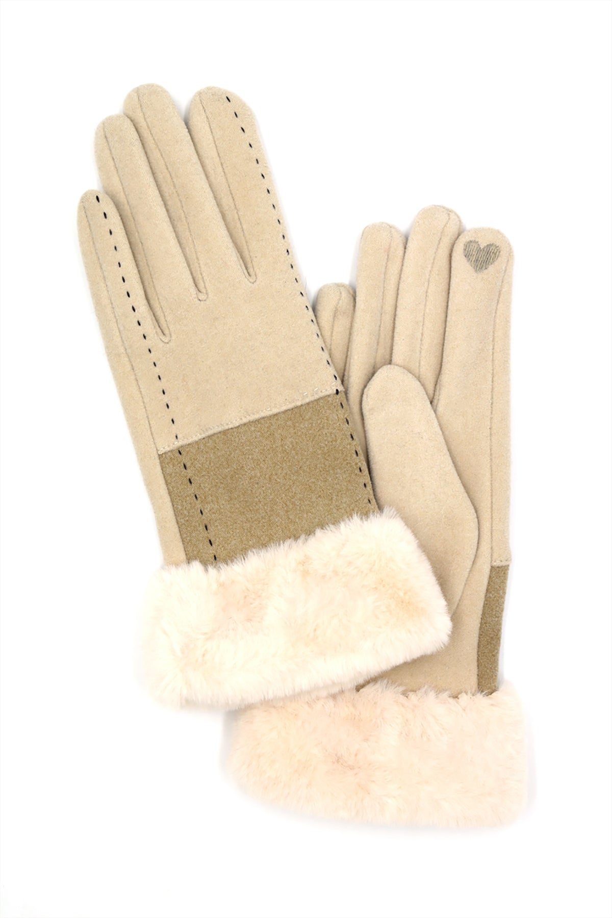 TWO TONE AND STITCH LINES FAUX FUR CUFF SMART TOUCH GLOVES