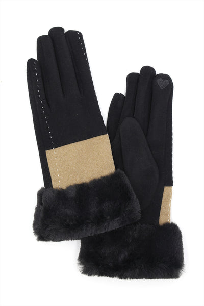 TWO TONE AND STITCH LINES FAUX FUR CUFF SMART TOUCH GLOVES