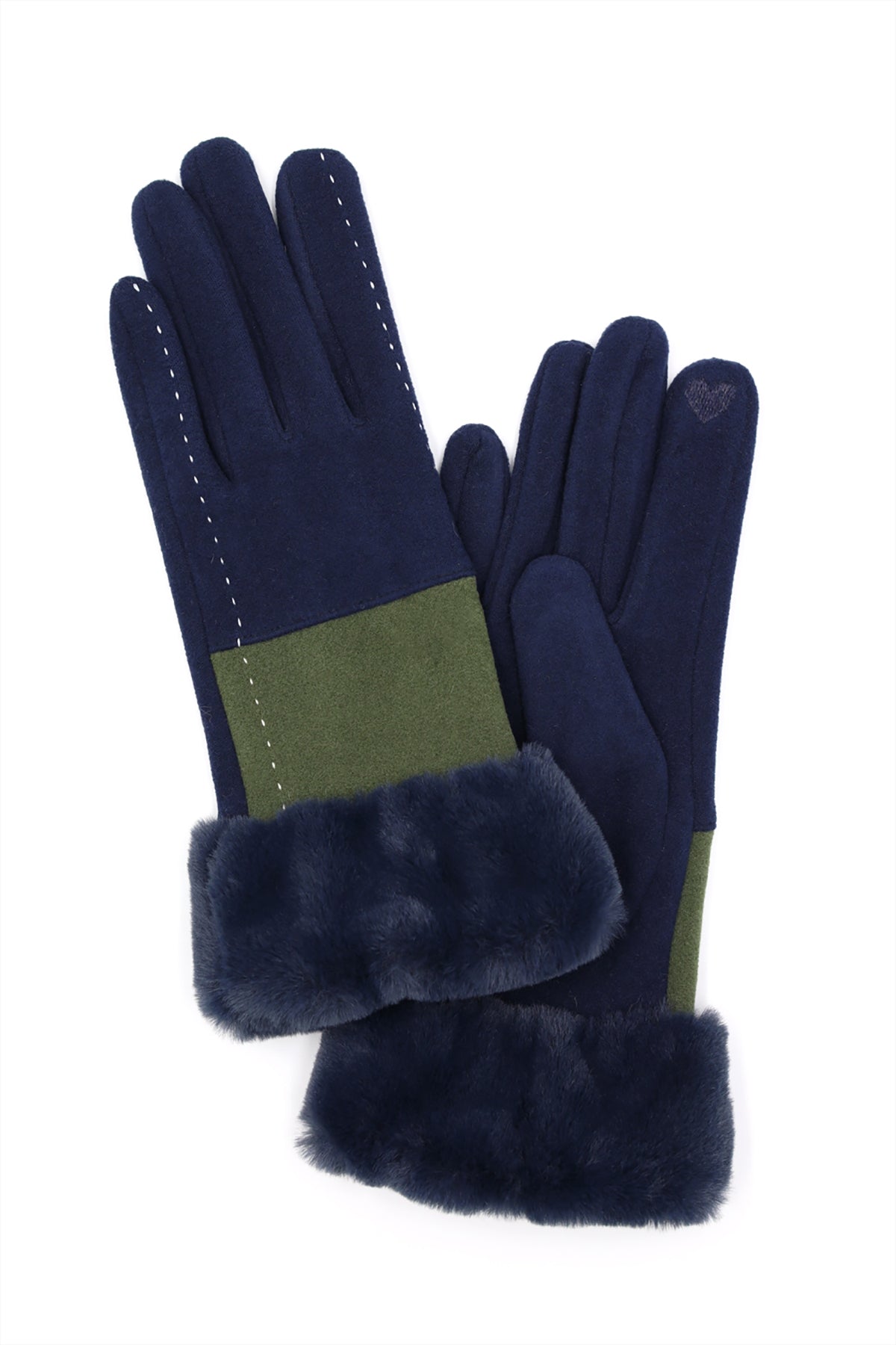 TWO TONE AND STITCH LINES FAUX FUR CUFF SMART TOUCH GLOVES