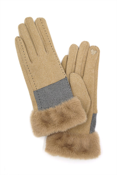 TWO TONE AND STITCH LINES FAUX FUR CUFF SMART TOUCH GLOVES