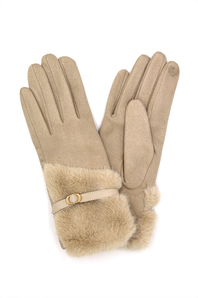 FAUX FUR AND STRAP CUFF SMART TOUCH GLOVES