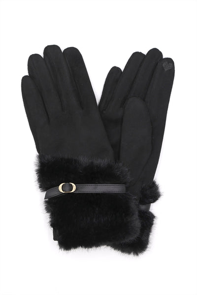 FAUX FUR AND STRAP CUFF SMART TOUCH GLOVES