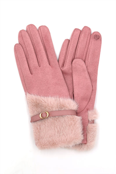 FAUX FUR AND STRAP CUFF SMART TOUCH GLOVES