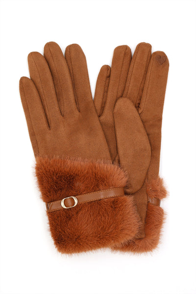 FAUX FUR AND STRAP CUFF SMART TOUCH GLOVES