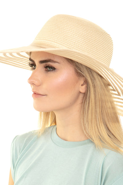 BEIGE MESH STRIPE BOW SUMMER FLOPPY BRIM HAT/1PC