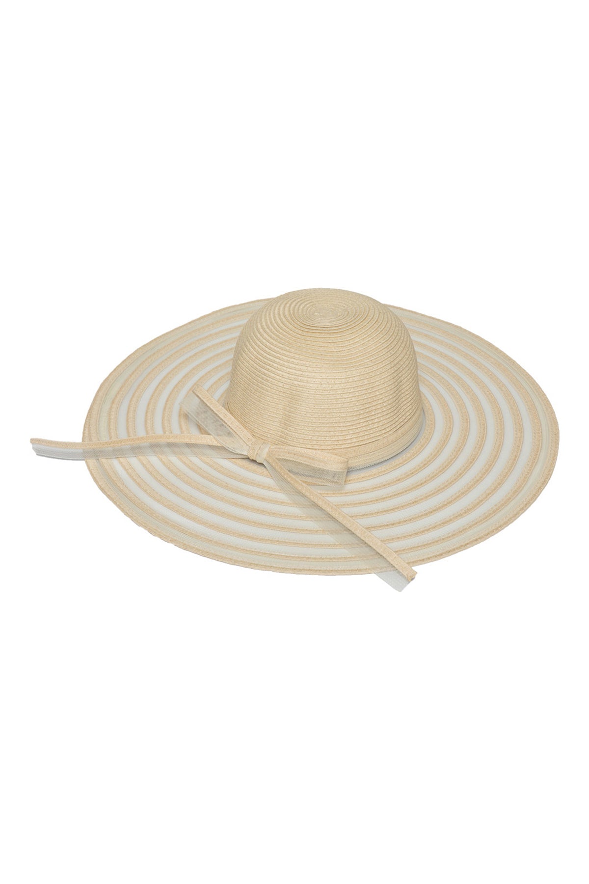 BEIGE MESH STRIPE BOW SUMMER FLOPPY BRIM HAT/1PC