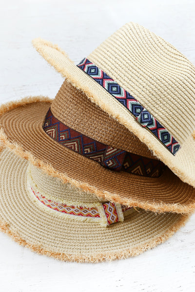 MH0036-FRAYED TRIM AZTEC STRAW HAT