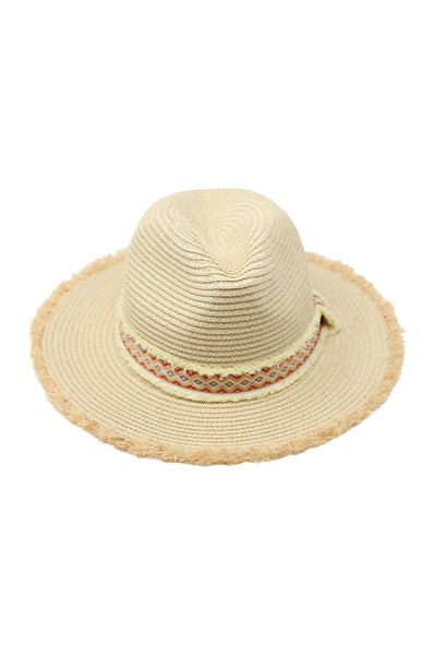 MH0036-FRAYED TRIM AZTEC STRAW HAT
