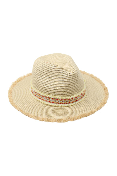 MH0036-FRAYED TRIM AZTEC STRAW HAT